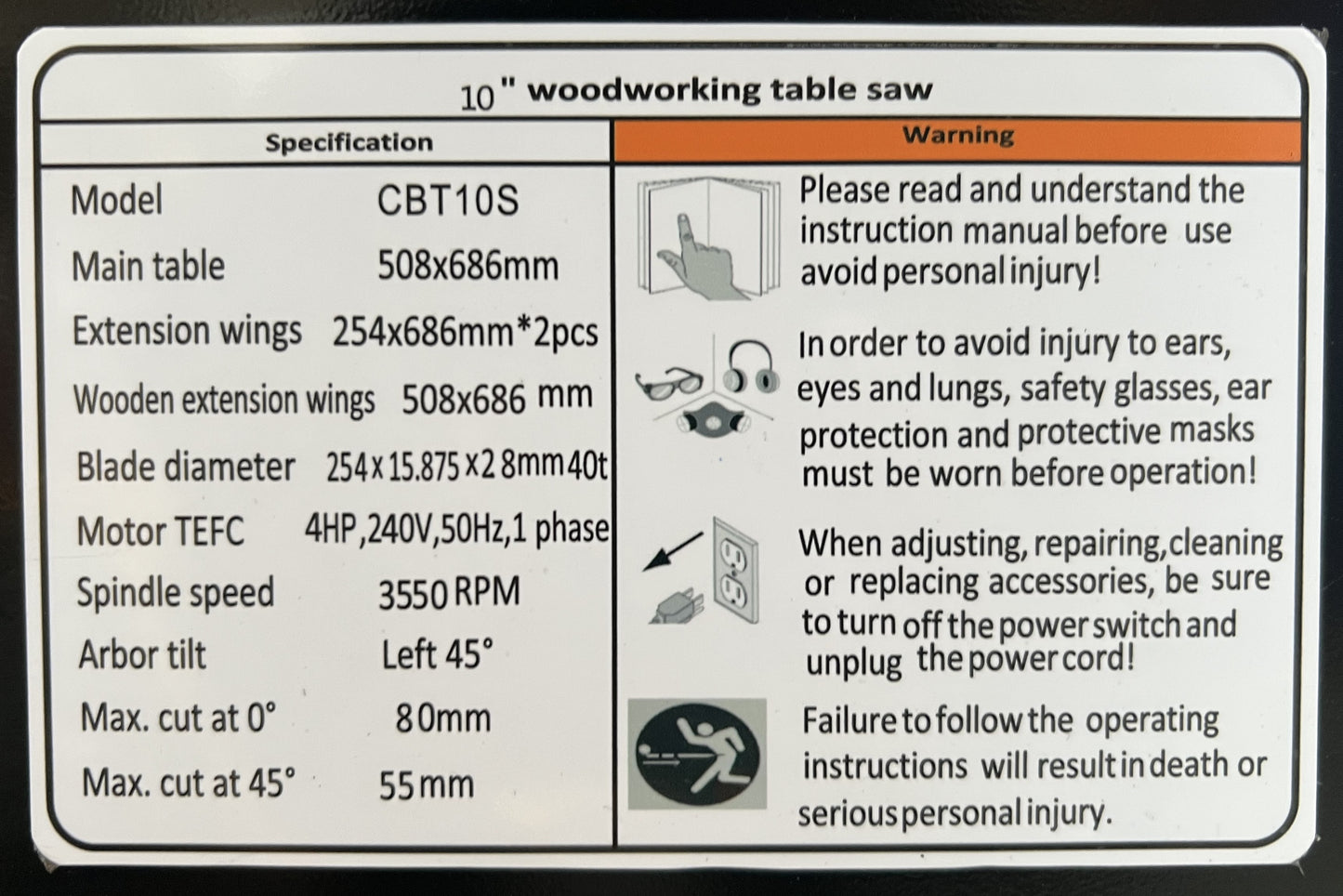 TS CBT10S 4hp 10"  Table Saw / Cabinet Saw 30"